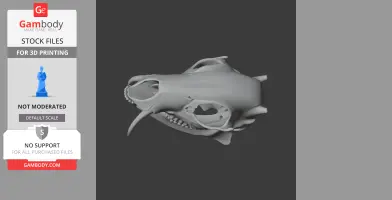 3D model of a water deer skull, showing detailed bone structure and fangs, side view.