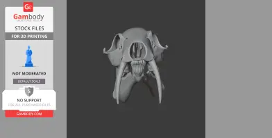 Gray 3D model of a water deer skull with prominent fangs displayed on a dark background.