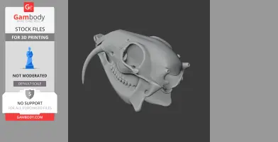 3D model of a water deer skull with prominent tusks, designed for 3D printing.