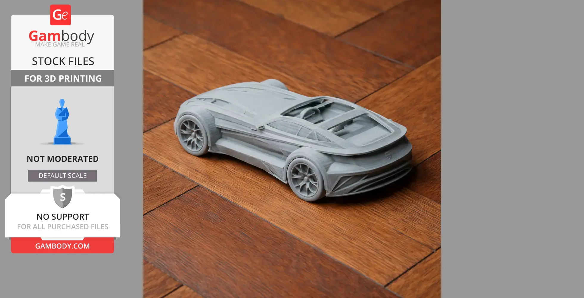 A gray 3D printed model of a sleek, futuristic sports car on a wooden floor.