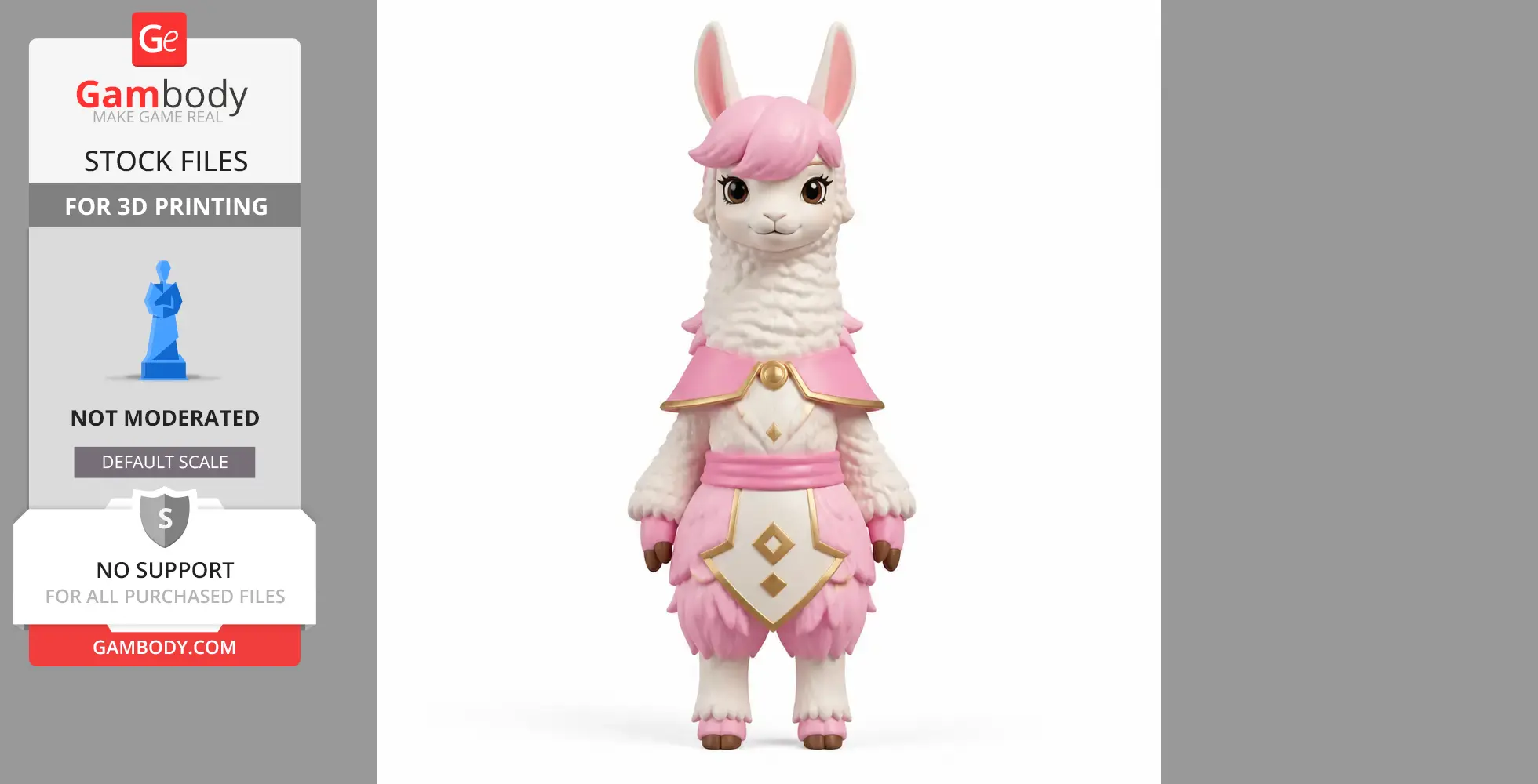 Anthropomorphic alpaca figurine with pink hair and outfit, designed for 3D printing.
