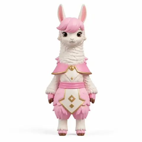 A pink and white llama-like figurine with a stylized outfit featuring geometric patterns.