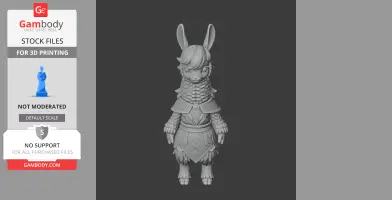 A whimsical llama-like character with large ears, detailed fur, and ornamental clothing, ready for 3D printing.