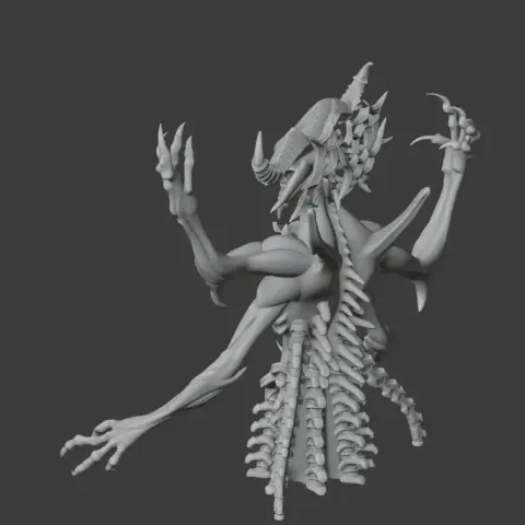 A 3D model of a creature with elongated limbs, spines, and a horned head; detailed and skeletal design.