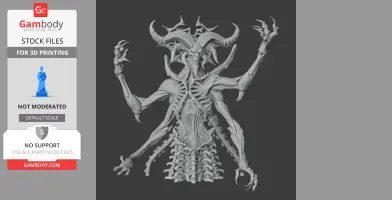 Demonic figure with horns, skeletal features, multiple arms, and intricate body details.