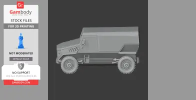 3D model of a tank-like armored vehicle with rugged tires, shown in side profile view.