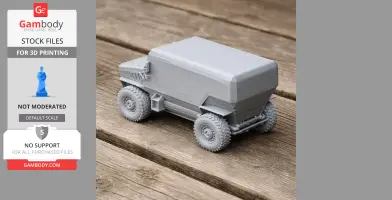 3D-printed model of a boxy, military-style vehicle with large wheels on a wooden surface.
