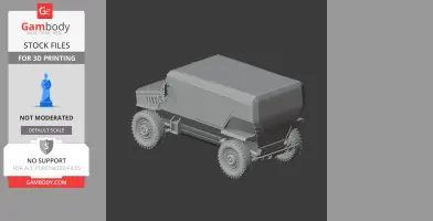 3D model of a tank-like vehicle with a boxy body and rugged wheels, suitable for 3D printing.