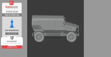 3D model of a rugged, armored vehicle with four large wheels designed for 3D printing.