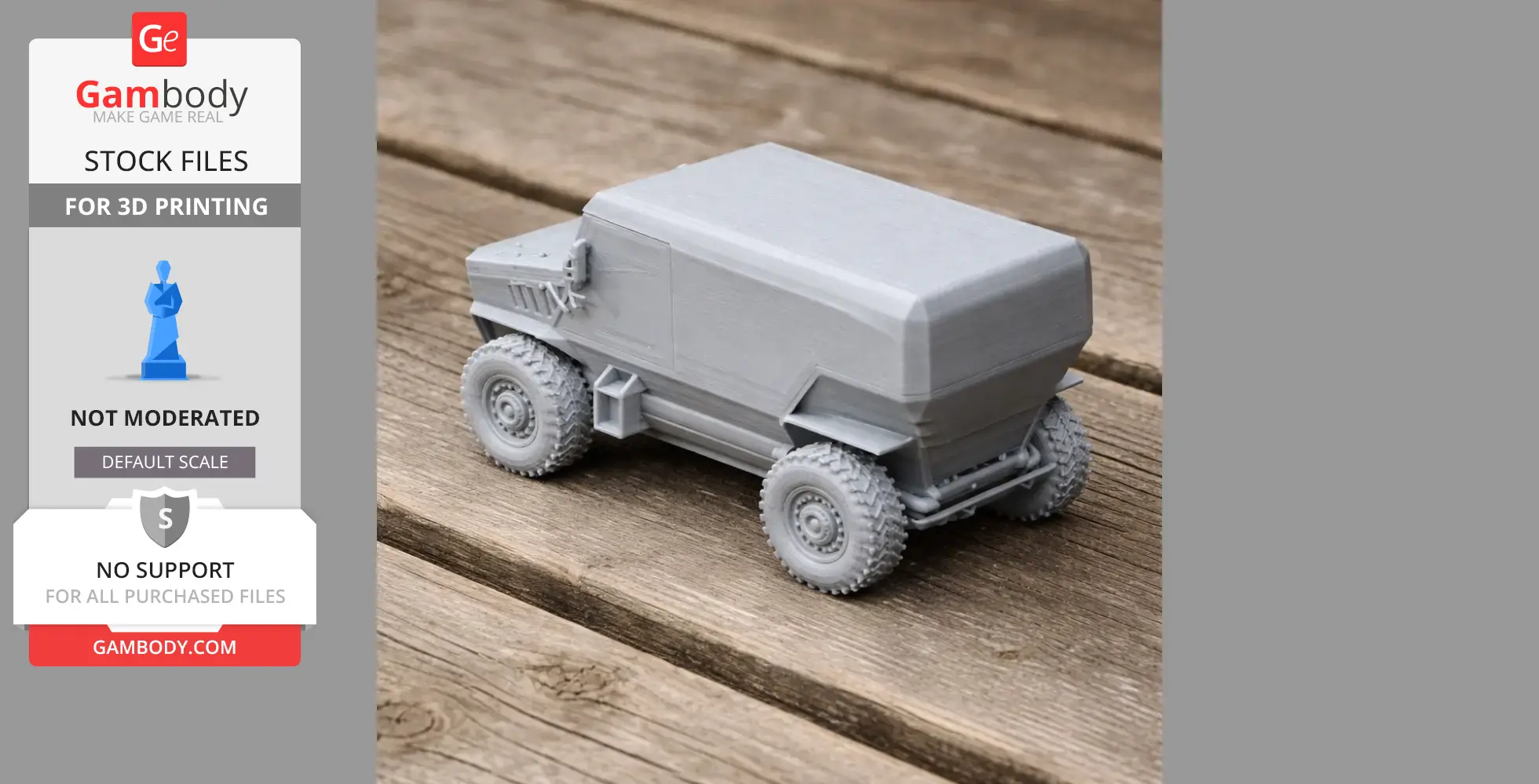 3D-printed model of a boxy, military-style vehicle with large wheels on a wooden surface.