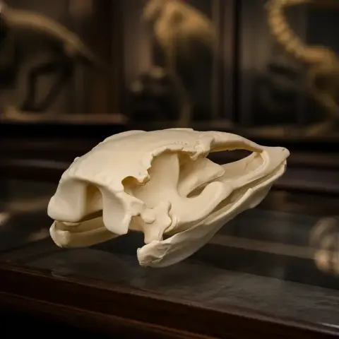 3D printed Vorombe titan (Elephant Bird) skull model on display.