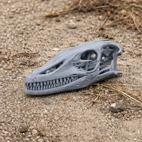 3D printed gray water monitor lizard skull replica on sandy ground.