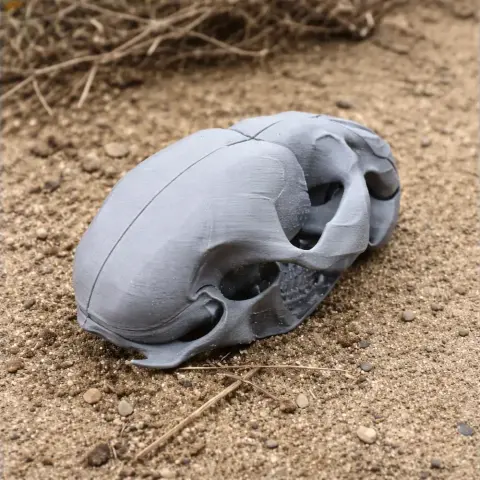 A realistic 3D-printed model of a water vole skull, placed on sandy ground.