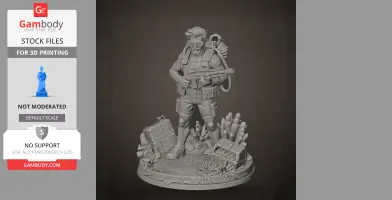 A 3D model of a diver character with gear, standing on a base with underwater elements and equipment.