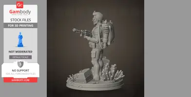 A diver figure with gear and weapon, standing on a detailed ocean floor base, ready for 3D printing.