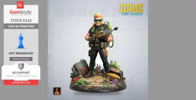 Armed figure with sunglasses, standing on rocky base with crates, coins, and sea plants, ready for 3D printing.