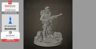 A detailed 3D model of a muscular character with sunglasses and a rifle, standing on a themed base with props.