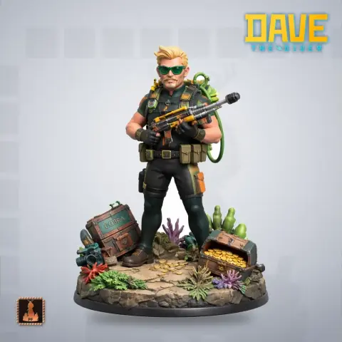 A muscular character with a gun, wearing tactical gear and sunglasses, stands on a detailed base with a treasure theme.