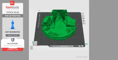 3D model of a character's lower half, standing on a detailed base with treasure chests and foliage.