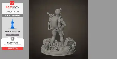Diver figure with scuba gear standing on a detailed underwater base with coral and equipment.