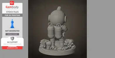 A 3D model of a scuba diver figure on a base with aquatic scenery, viewed from behind.