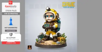 Diver figure in yellow suit with helmet, holding device, surrounded by treasure and aquatic plants.