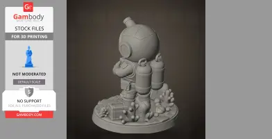 A 3D printed diver character in a suit with tanks, standing on an ocean-themed base with corals and a chest.