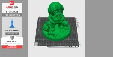 A 3D model of a small, bearded diver with a helmet, holding an object, standing on a round base with details.