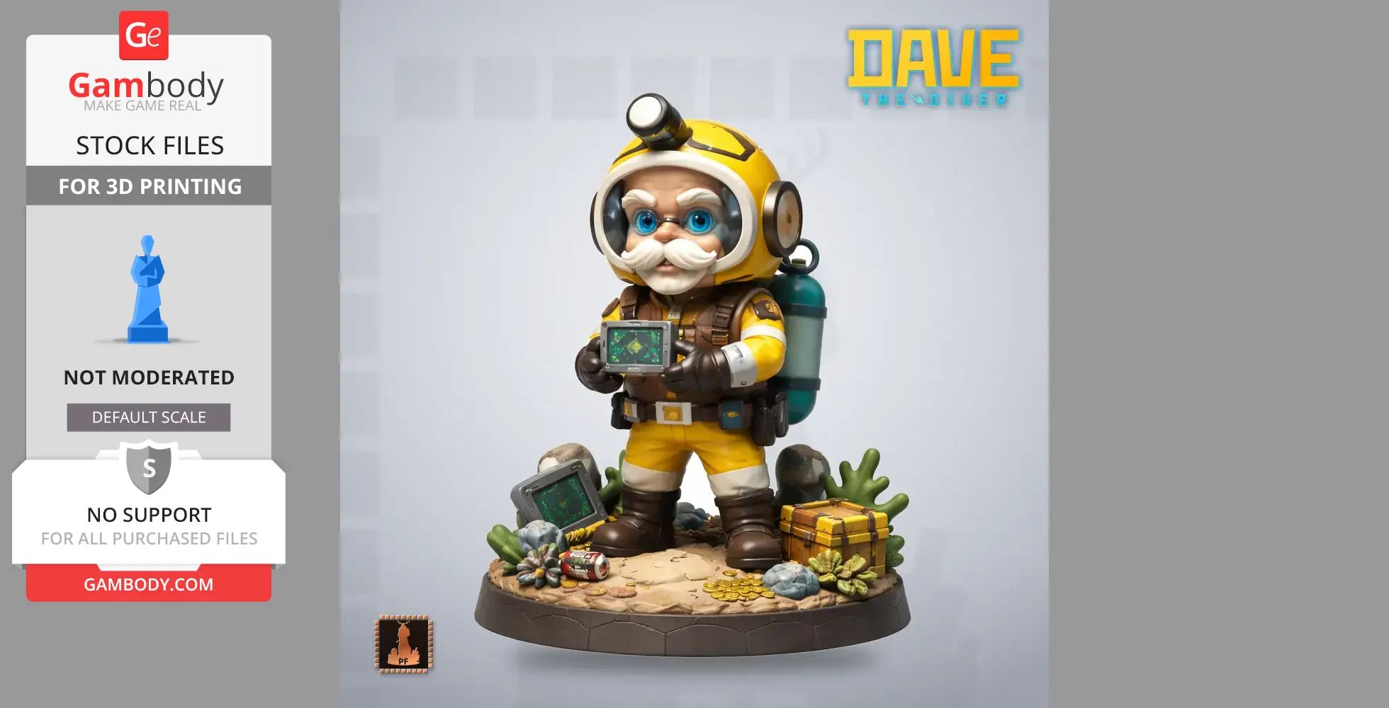 Diver figure in yellow suit with helmet, holding device, surrounded by treasure and aquatic plants.