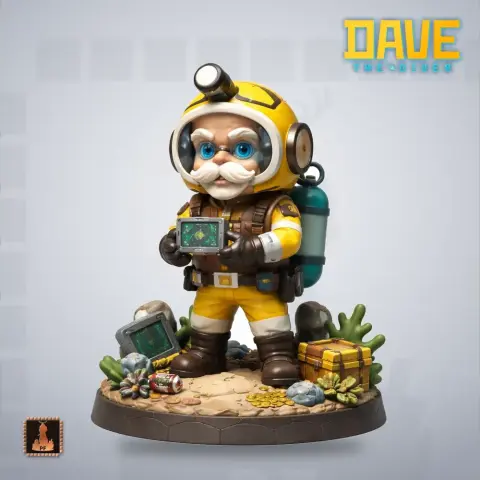 A cartoon-style diver figure in a yellow suit, holding an object, with oceanic items on the base.