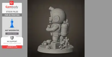 3D model of a diver in a suit with a helmet and tanks, standing on a detailed ocean-themed base.