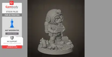 Diver figure with mustache, goggles, and suit, holding a tablet on ocean-themed base for 3D printing.