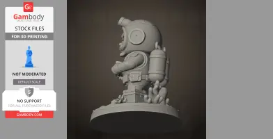 A chibi-style diver character in a suit with a helmet and oxygen tanks, standing on a base with underwater elements.
