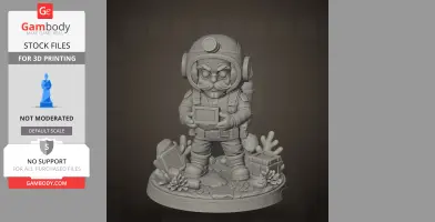 A 3D model of a diver with a mustache, helmet, and gear, standing on an ocean-themed base.