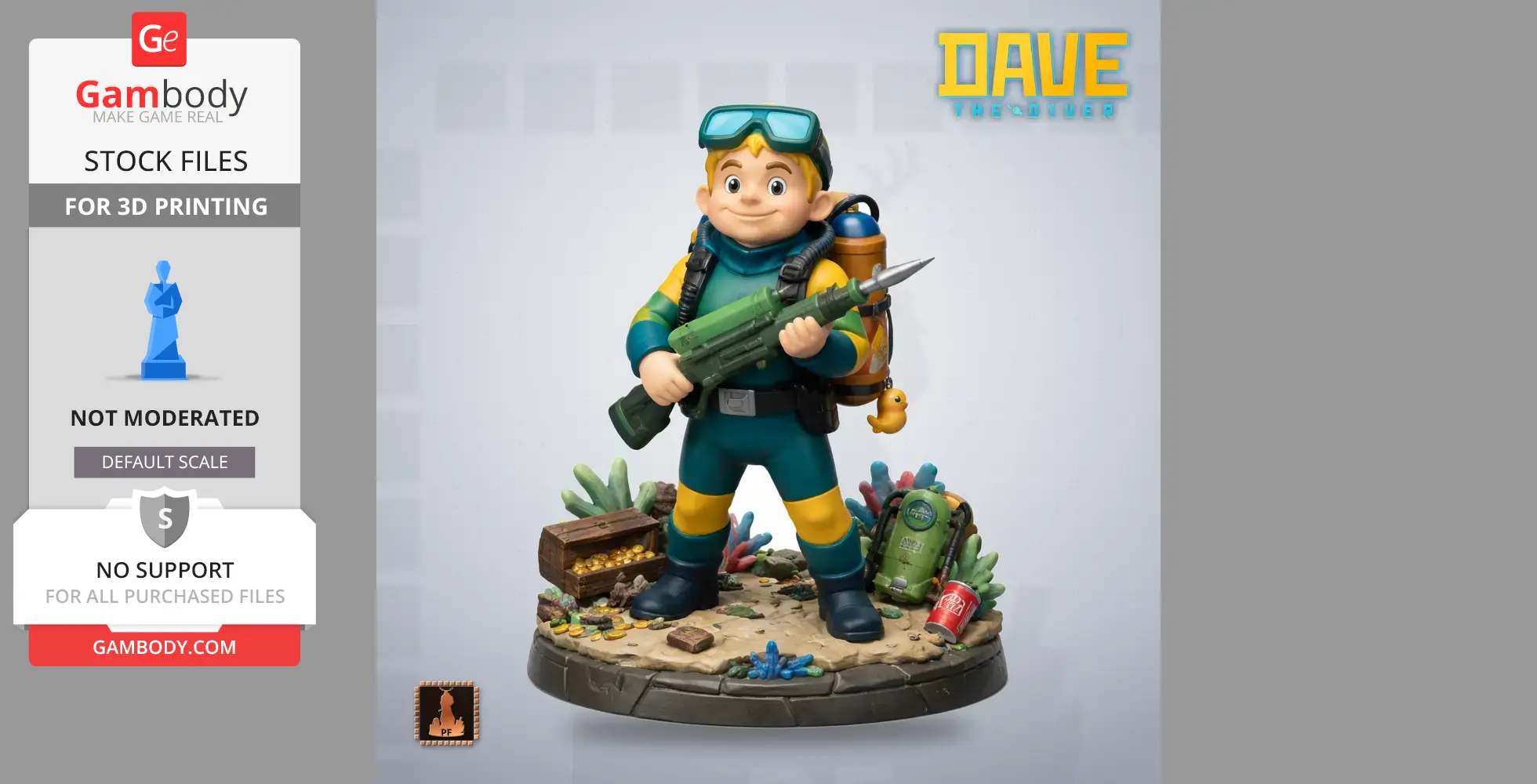 A cartoon diver figure in a wetsuit holds a harpoon, standing on a seabed base with treasure and sea plants.