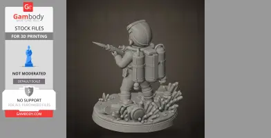 A detailed 3D model of a diver holding a spear, wearing gear and standing among underwater plants.