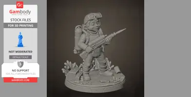 A 3D model of a diver character with gear and rifle, standing on an ocean-themed base with coral and items.