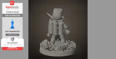 Diver character with backpack and spear stands on a detailed ocean-themed base.