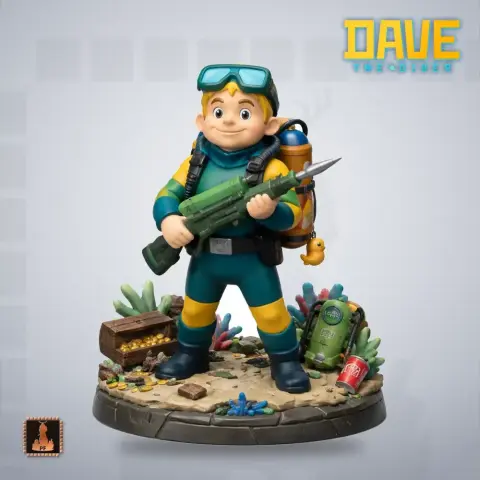 Smiling diver character with gear and accessories, standing on a themed base.