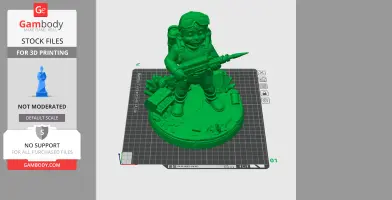 3D model of a diver figure with goggles and gear, standing on a detailed base, for 3D printing.