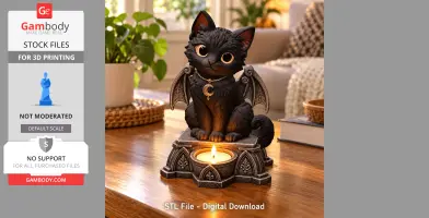 A cute black cat with bat wings and a crescent necklace sits on a platform holding an LED tealight.