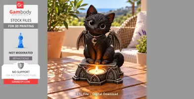 A cute, gothic cat figurine with bat wings holding an LED tealight on a decorative base, perfect for 3D printing.