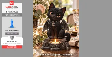 Adorable black cat with bat wings sits on a gothic-style base, holding an LED tealight.