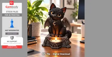 A cute gothic cat figurine with wings holding an LED tealight on a decorative base.