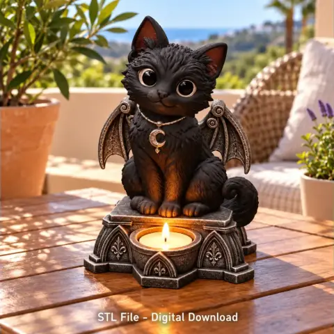A cute Gothic cat figure with wings holds an LED tealight on a decorative base.
