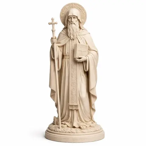 A detailed statue of Saint Arsenius holding a cross and book, wearing robes and a halo.