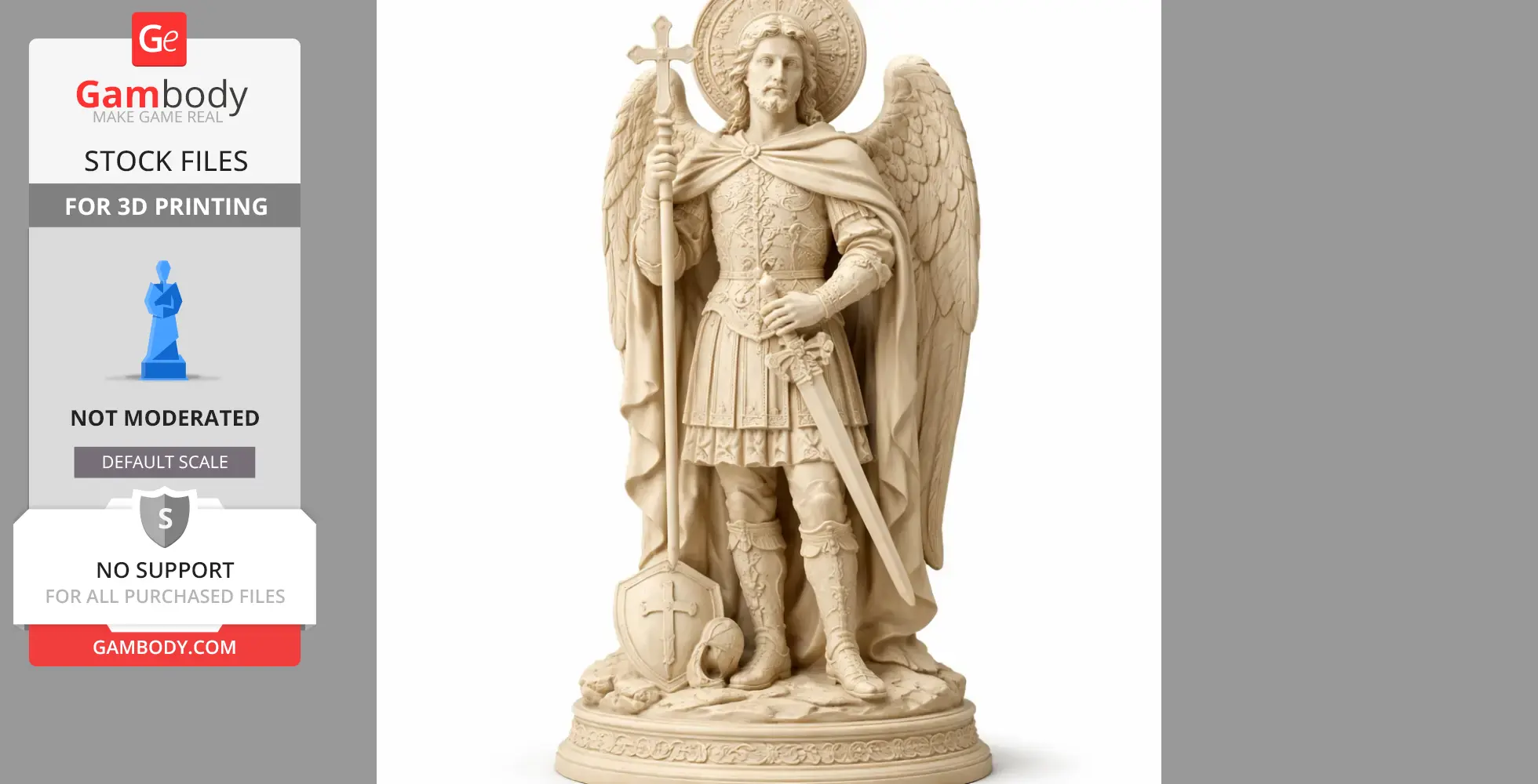 Angel statue with wings, halo, cross staff, and sword on ornate base, ideal for 3D printing.