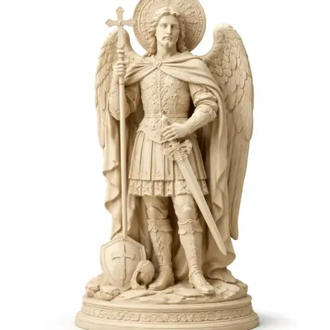 A detailed statue of a winged saint holding a cross staff and shield, wearing armor and a cloak.
