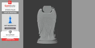 Winged statue with draped robe and circular headpiece on a decorative base.