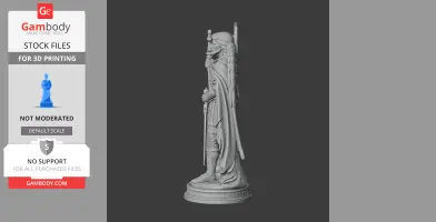 Detailed 3D statue of Saint Artemius, holding a staff, wearing a cloak with feathers, standing on a pedestal.